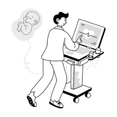 A person with ultrasound machine hand drawn mini illustration 

