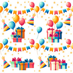 Seamless pattern greetings card design with birthday cake balloons and gift boxes vector illustration on white background