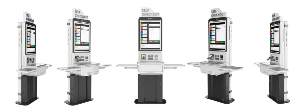 Collection of self-checkout kiosks or self-service payment machines isolated