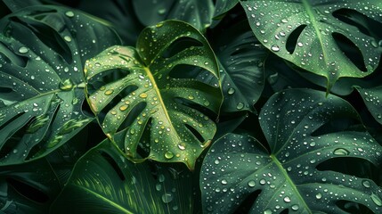 Fototapeta premium Close-up of lush green tropical leaves with raindrops for a vibrant natural background