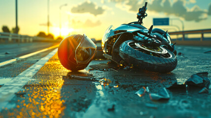 A traffic accident. An accident on the road. There is a broken motorcycle with a helmet on the...