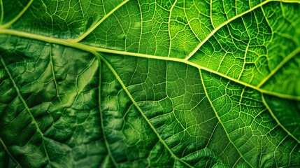 Fototapeta premium A close-up of a vibrant green leaf showcases its veins, emphasizing its natural beauty and freshness.