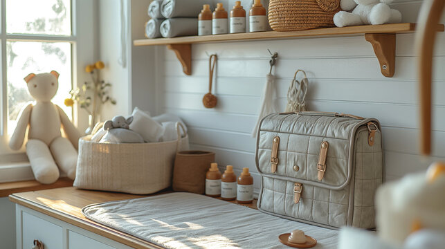 A roomy, vegan leather diaper bag in a stylish grey color is perched on a changing table, organized with baby bottles, diapers, and toys