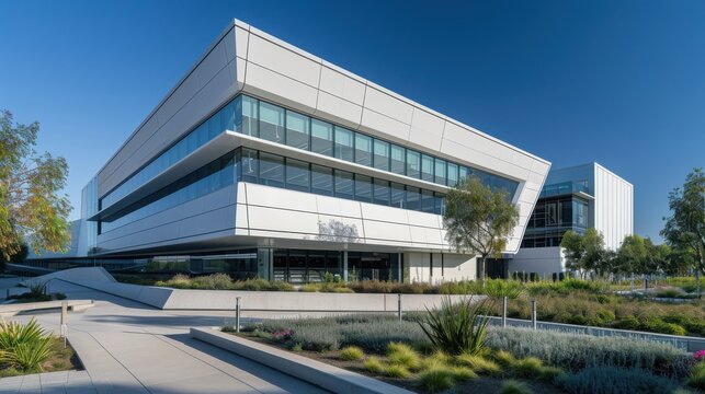 A large building with a glass facade and a green lawn in front of it