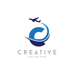 Letter C Air Travel Logo vector icon Design with plane graphic element, symbol, sign for travel agency logo design. airline logo illustration