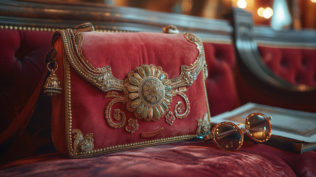 A luxurious, velvet clutch with jeweled accents is placed on a velvet theater seat, next to a pair of opera glasses and a program