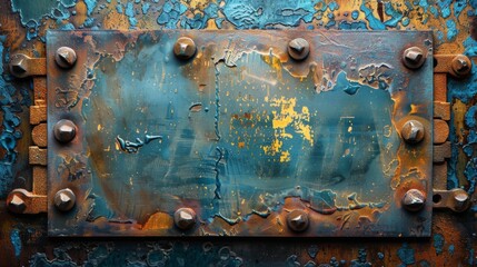 Rustic Metal Plate with Bolts and Peeling Paint