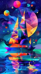 The painting has a dreamy, whimsical feel to it, with the boat