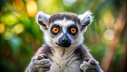 Obraz premium Adorable lemur's face and hands in focus against blurred natural background, providing ample space for text or design elements overlay.