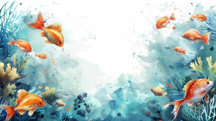 Watercolor painting of goldfish swimming among green plants in a blue ocean.