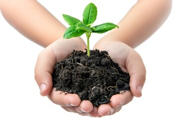 Plant in hands isolated, young sprout, new plant growing in soil, organic farming, environment care, earth day