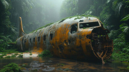 Dirty crashed plane on wet ground in the jungle. Greenery.