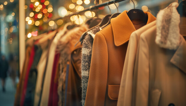 Row of winter coats hanging on a rack in a cozy, warmly lit store, ready for sale