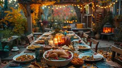 Fototapeta premium A vibrant Thanksgiving celebration in a backyard garden, with a table decorated with fall leaves, candles, and plates of seasonal dishes, high detail