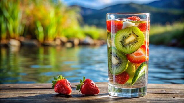 Crystal-clear water with floating slices of kiwi and strawberries in a tall glass.