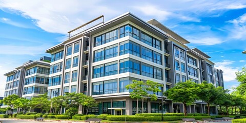Obraz premium Modern Office Building With Blue Sky and Green Trees