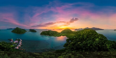 Breathtaking panoramic aerial photo of tropical islands will attract attention and be a stunning addition to your article or video about travel in a tropical paradise