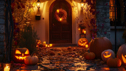 Obraz premium Entrance to a house decorated for Halloween with pumpkins and candles