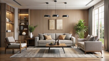 Minimalist 3D rendering of a serene living room interior with beige walls, dark wood furniture, and modern decorative items.
