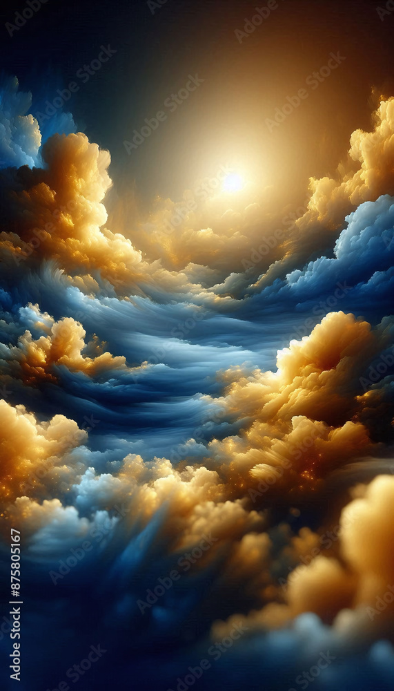 Poster an artistic depiction of of soft, golden clouds floating on a sea of rich, royal blue, creating a lu