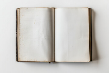 Naklejka premium open blank book on white background, top view, mockup style, white space for text, copy of stock photo, high resolution, high quality, high detail, professional photography
