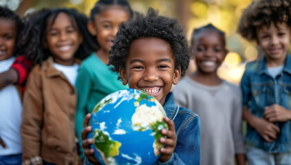 Group of smiling black children holding earth globe in hands
