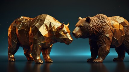 Naklejka premium A golden geometric bull and a realistic bear face each other, symbolizing market trends Between them is a glowing Bitcoin symbol.