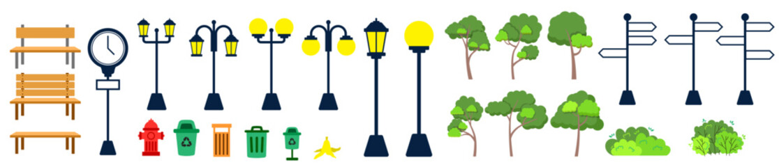 city park icon element bundle trees bushes trashcan, lightpole direction bench
