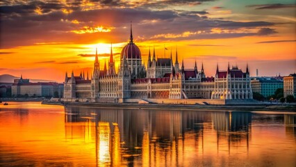 Obraz premium Vibrant orange hues illuminate the serene Danube River landscape as the Hungarian sun sets behind majestic Budapest Parliament Building silhouette.