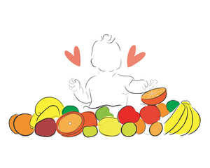 Hand drawn line art vector of a toddler with fruit. Healthy diet in kids concept. Pediatric dietitian and nutritionist poster elements.