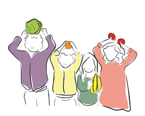 hand drawn line art vector of kids holding fruits and vegetables. Nutrition and healthy diet in kids concept.