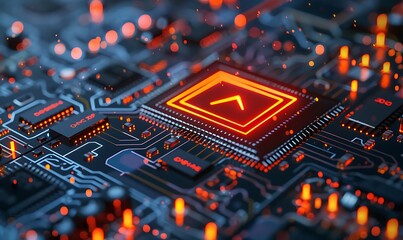 Closeup of a Computer Chip with Red Glowing Lights