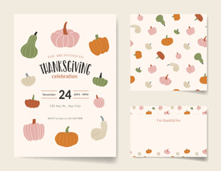 Set of Thanksgiving Day invitation card template, place card, and seamless pattern featuring hand drawn pumpkins and squashes in pastel colors. Modern and minimal design.