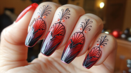 Gothic Lace: Rich burgundy nails with a matte finish, accented by black lace patterns intricately hand-drawn on each nail.