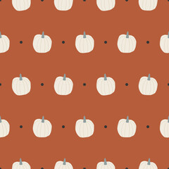 Simple and minimalistic seamless pattern with hand drawn white pumpkins on terracotta background. Applicable for autumn party decoration, stationeries, wrapping paper, textile, and more.