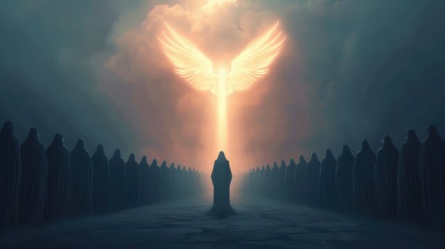 Holy knights in formation, silhouette of godlike figure with light wings above, divine radiance, Epic fantasy, Detailed, Digital painting