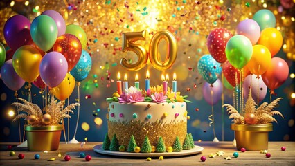 Vibrant balloons and colorful confetti fill the air, surrounding a glistening golden 50th birthday cake with majestic candlelight ambiance.