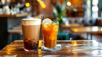 A chic coffee shop serving artisanal lattes and kombucha embodying the trend towards specialty beverages and healthy fermented drinks