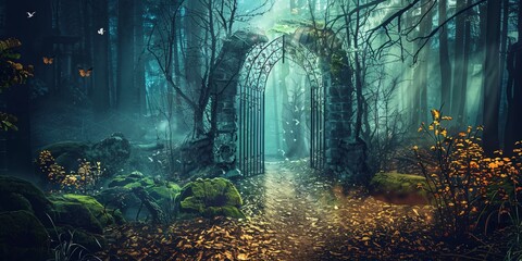 Obraz premium Mystical Forest Gate with Sunbeams