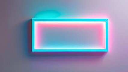 Rectangle empty frame mockup with glowing blue and pink neon light on gradient wall. 3d rendering with copy space for template, artwork, display, showcase exhibition