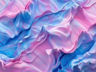 Obraz premium Fluid, silky waves blend pastel pink and blue hues, creating a soft, ethereal texture with flowing curves and smooth gradients, reminiscent of delicate fabric in motion.