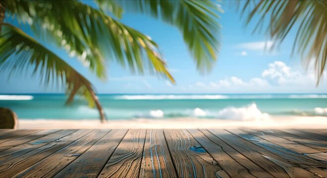 A mock-up of an empty wooden table with a place to copy text, against the background of a summer beach, sea, waves, pool, green palm trees around.