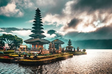 Ulun Danu Beratan Temple Bali - Bali's Iconic Lake Temple, is both a famous picturesque landmark and a significant temple complex on the western side of Beratan Lake. Bali, Indonesia