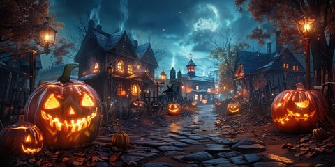 Fototapeta premium Spooky Halloween Village with Jack-o'-Lanterns