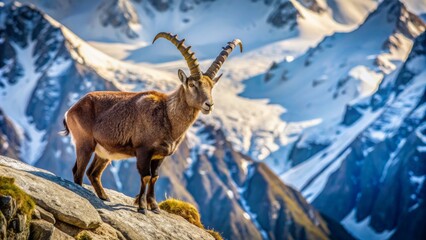 Magnificent alpine ibex with curved horns and shaggy coat stands majestically on rocky outcrop amidst Mont Blanc's snow-capped peaks.