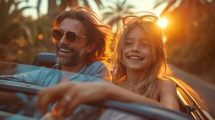A family enjoying a road trip in an electric car, with children excitedly pointing at wildlife and parents smiling, driving through a national park with dense forests and wildlife. Midday light,