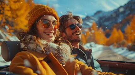 A family enjoying a road trip in an electric car, with everyone smiling and singing along to music, driving through a vibrant autumn landscape with colorful foliage and a clear blue sky.