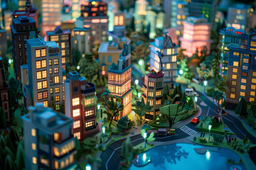 住宅と都会のジオラマ-夜景