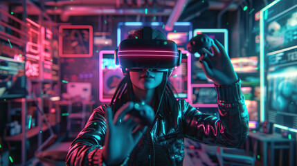 Immersive Virtual Reality Gaming: Futuristic High-Tech Experience with VR Headset and Controllers.