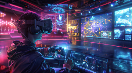 Immersive Virtual Reality Gaming: Futuristic High-Tech Experience with VR Headset and Controllers.